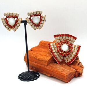 Unique Faux Moonstone and Orange Rhinestone Brooch an Earring Set